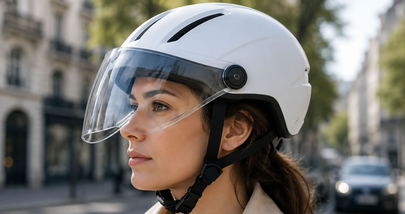 Cycliste portant un casque v&eacute;lo urbain avec visi&egrave;re en ville